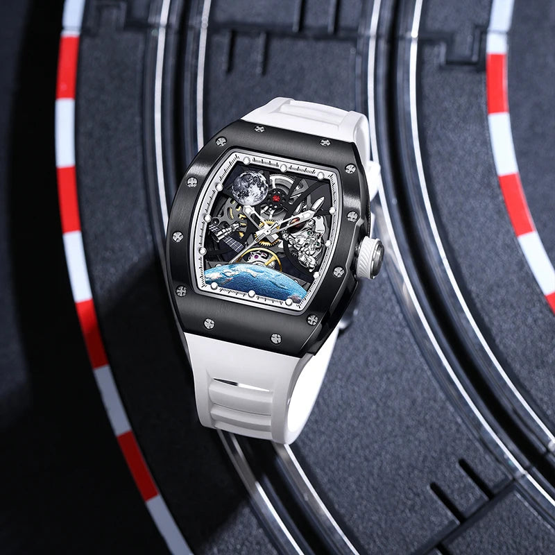 Men's Automatic Watches Tonneau Mechanical Clock Earth Dial Waterproof  Wrist Watch