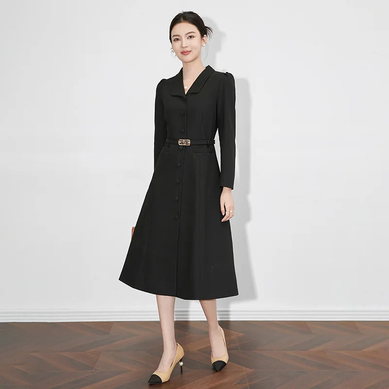 Women's Turn-down Collar Sleeves Single Breasted Sashes Dress