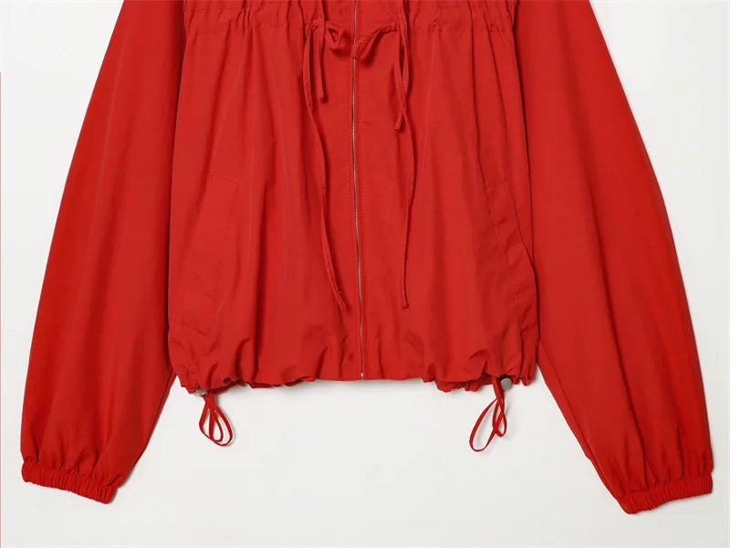 Red Long-Sleeve Drawstring Decorative Festive Hoodie Zipper Cardigan Casual