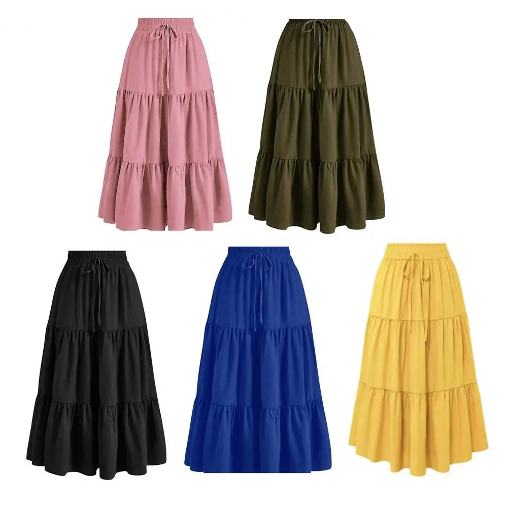 Women's Summer Tiered  A-Line Maxi Skirt High Waisted Pleated Swing Long Skirt