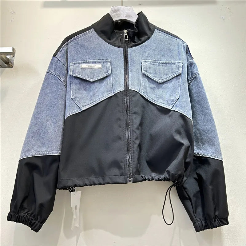 Denim Coats Stand Collar Jackets Zipper Full Sleeve
