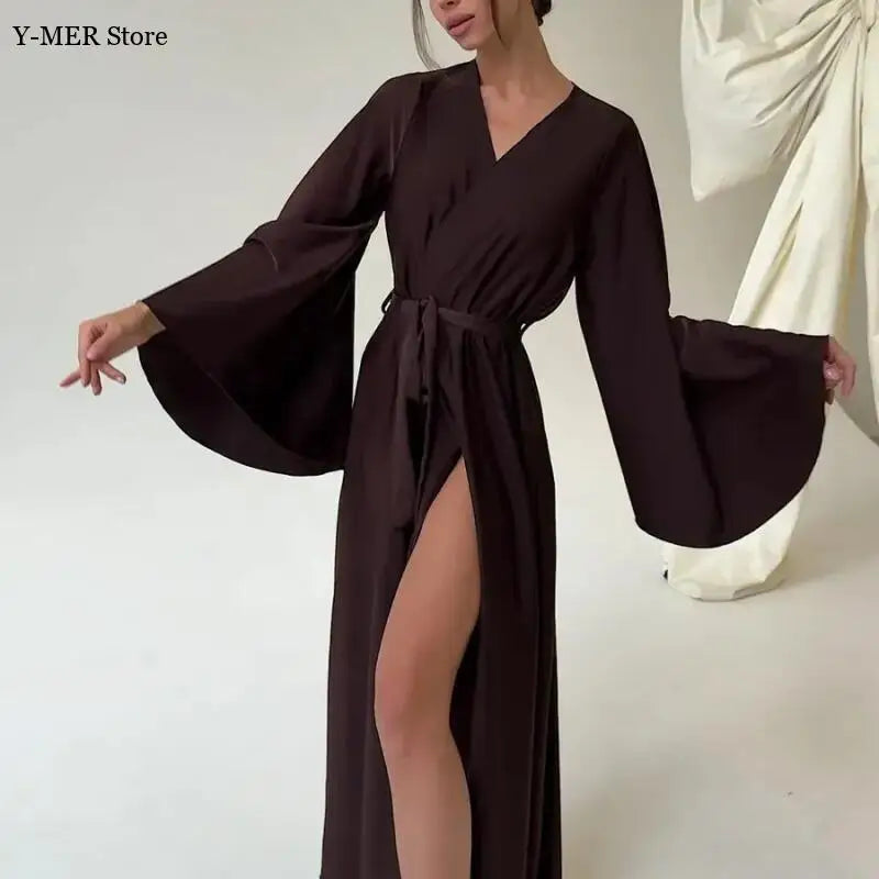 Satin Loose Robe Sexy High Waisted Split Party Dresses