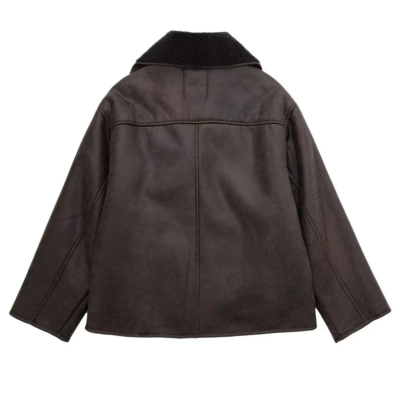 Faux Leather Jackets For Women Long Sleeve Demi-Season Plush Jacket