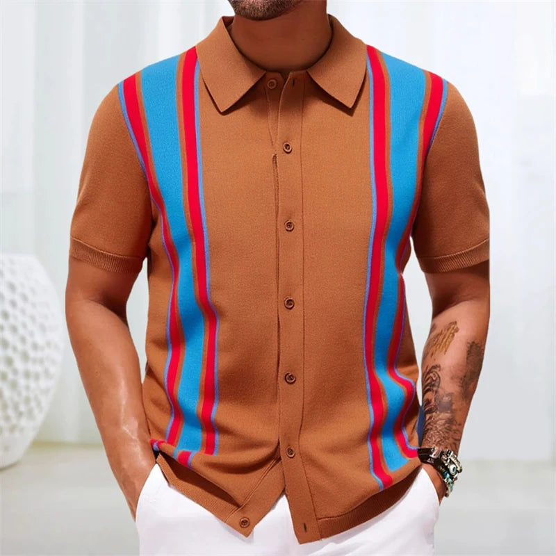 Jacquard Polo Shirts Man Knitwear Business Casual Summer  Viscose Elastic Silky Camisas