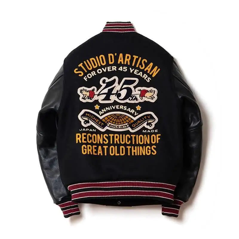Embroidery Varsity Jacket Men PU Leather Sleeves Oversized Bomber Jackets