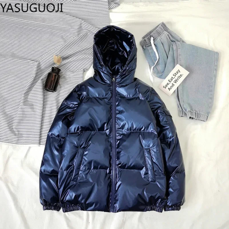 Bright Silver Puffer Jackets Casual Hooded Cotton Wadded Heated Jacket