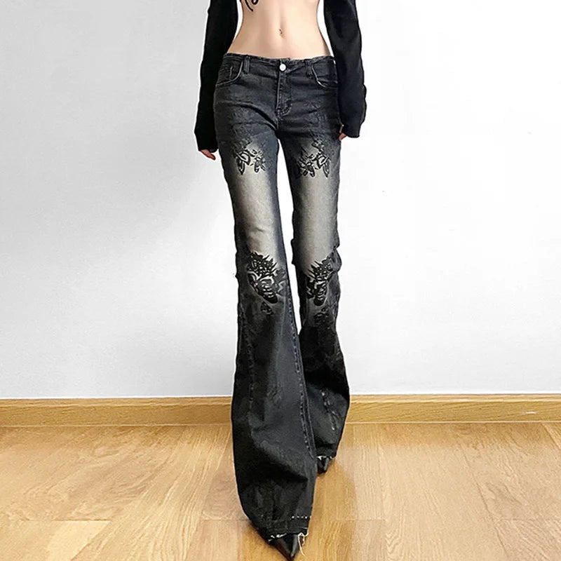 Women's Jeans  New American Retro Street Style Plant Print Washed Vintage Low-Rise Flare Pants