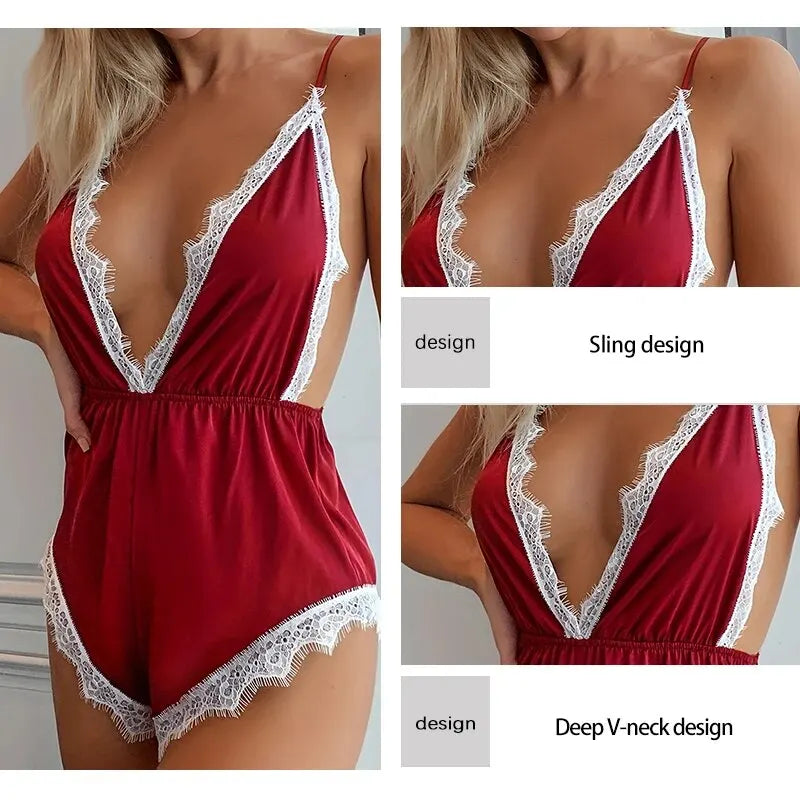 Women's Fashionable New Red Suspender Sleeveless Satin Jumpsuit
