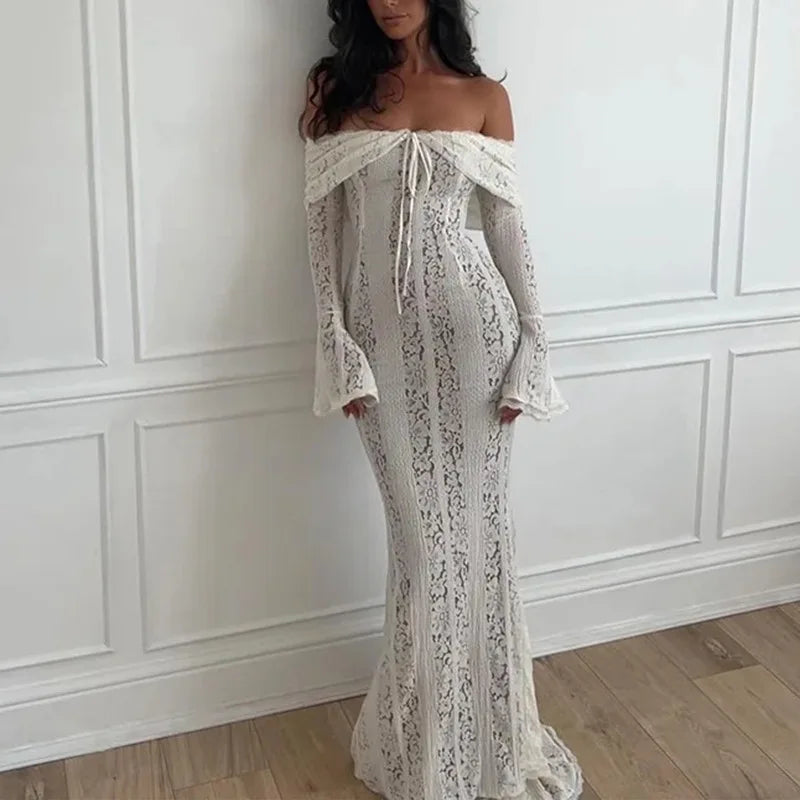 Sexy One-word Shoulder Lace Temperament Tube Top Long Dress