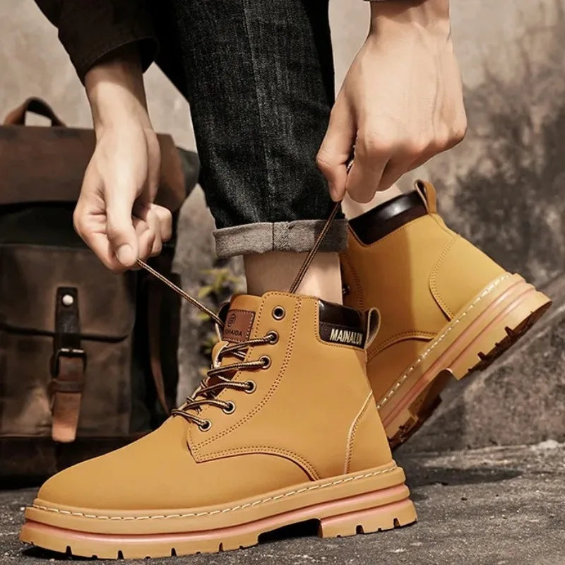 Men's High Top Boots High Quality Casual Leather Boots Lace Up Men Ankle Non-Slip Boot