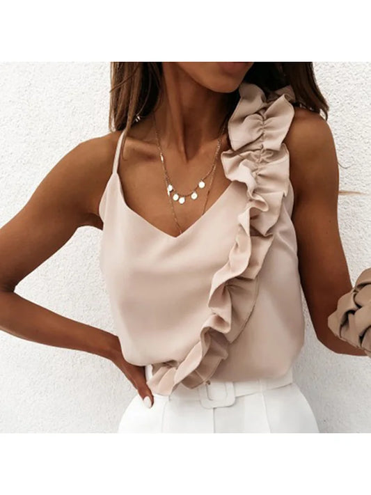 Women Summer Blouse Shirts Sexy V Neck Ruffle Blouses Backless