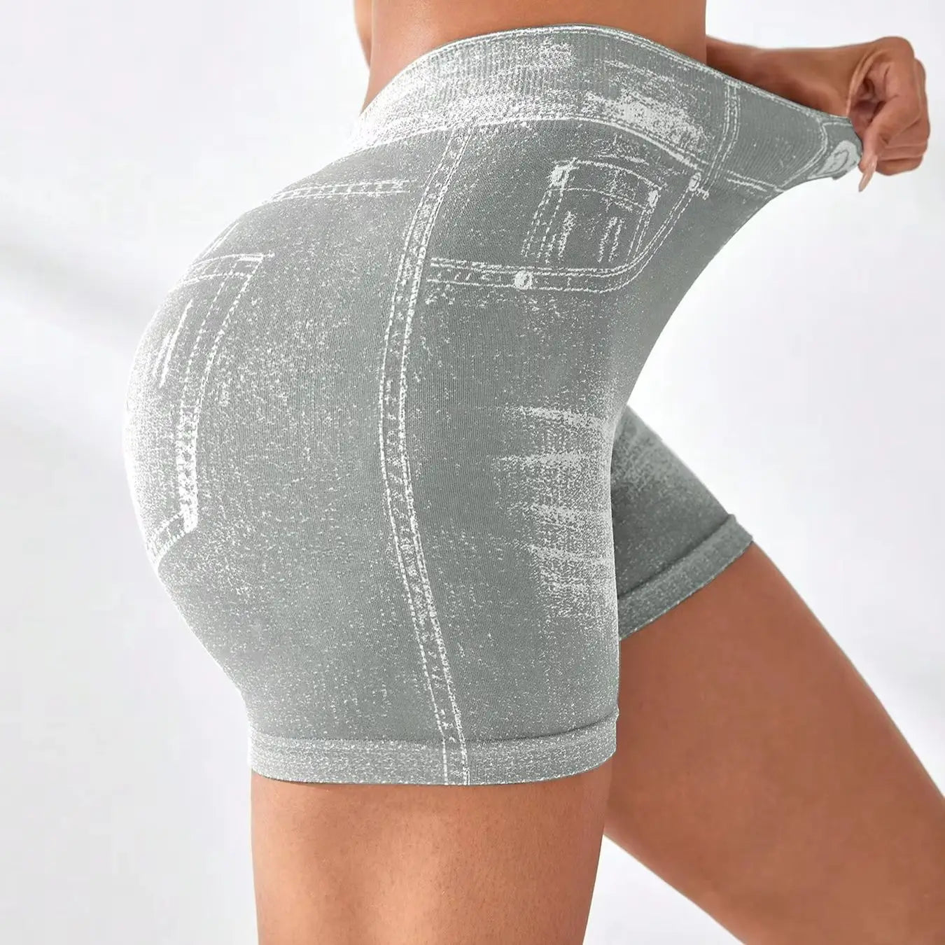 Women V back Shorts Faux Jeans Elastic Workout Pants Butt Lifting
