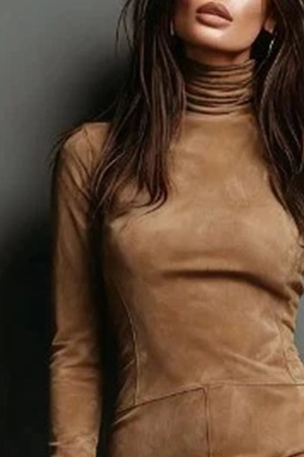 Retro Long Sleeve Turtleneck Suede Leather Vintage Dress