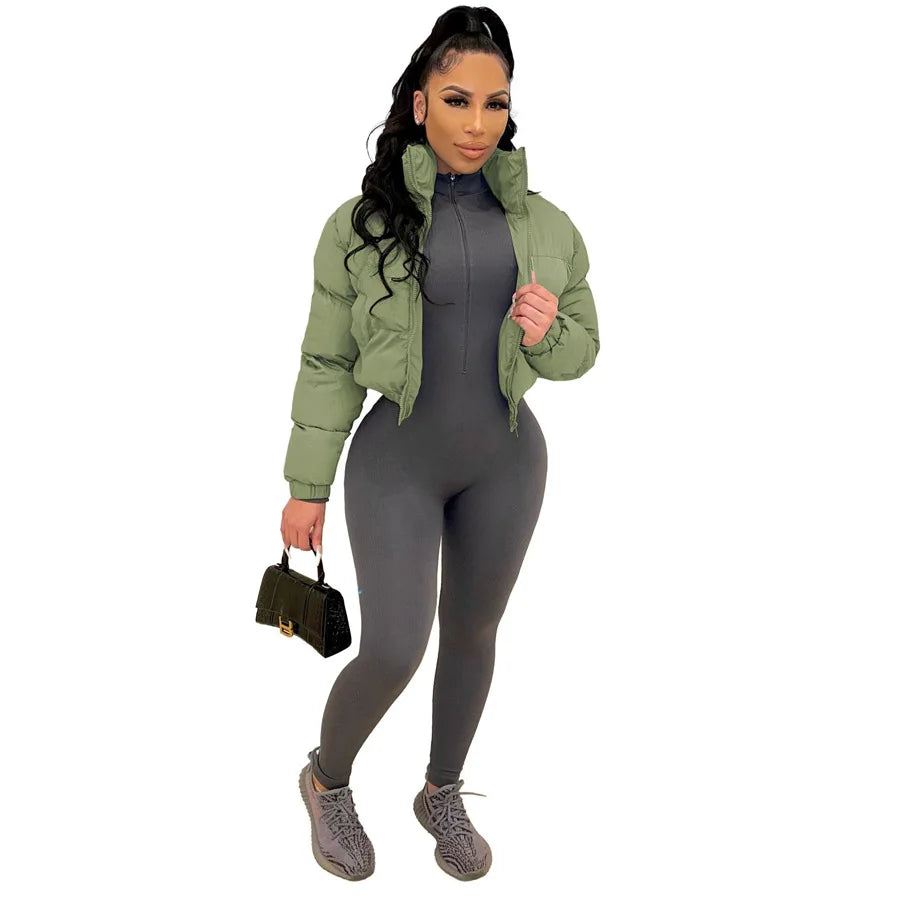 Long Sleeve Zipper Design Casual Plain O-Neck Daily Crop Puffer Jacket Coat