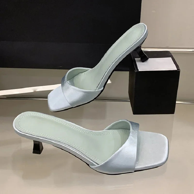 Summer Fashion Open Toe Women Slipper Thin Low Heel Silk Dress Ladies Slides