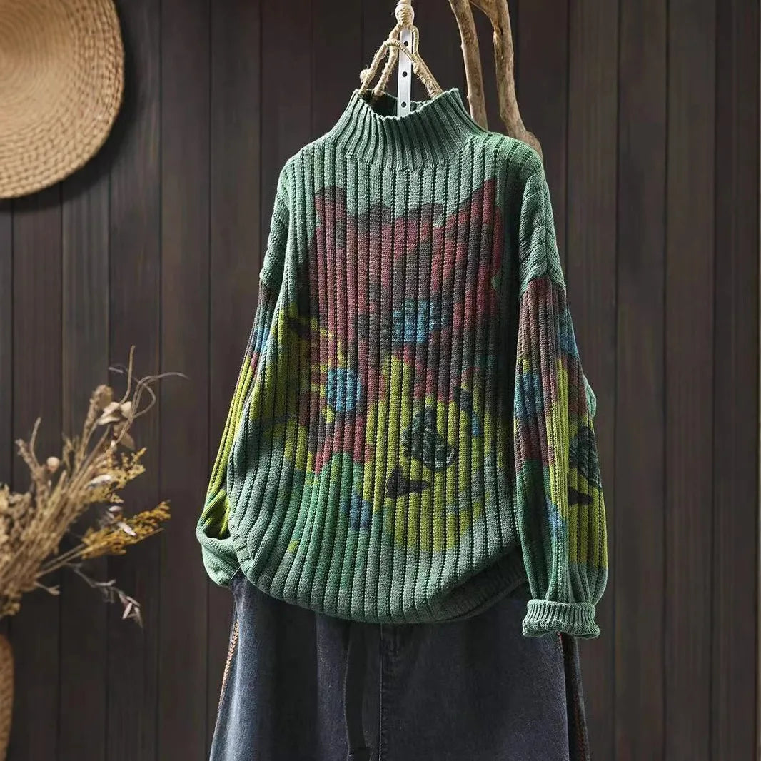 Chic Flower Printing Knitwear for Women Loose Casual Long Sleeve Half-turtleneck Knitwear