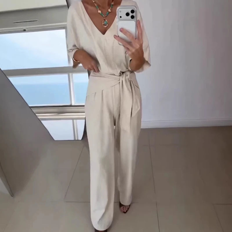 Women's Fashion Loose Playsuits Simple Solid V-neck Short Sleeved Romper