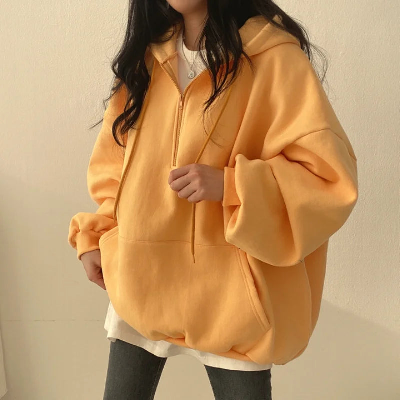 Women Hoodie  Loose Oversized Solid Color Top Half Zip Up Sweatshirt