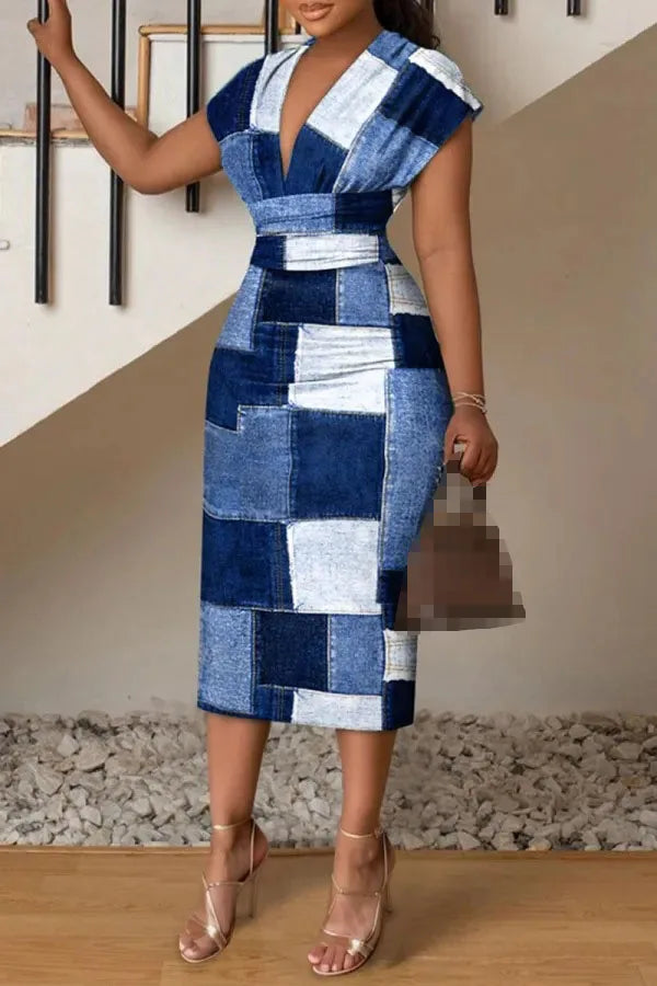 New V-neck Slim Hip-hugging Sexy Printed Women's Dress