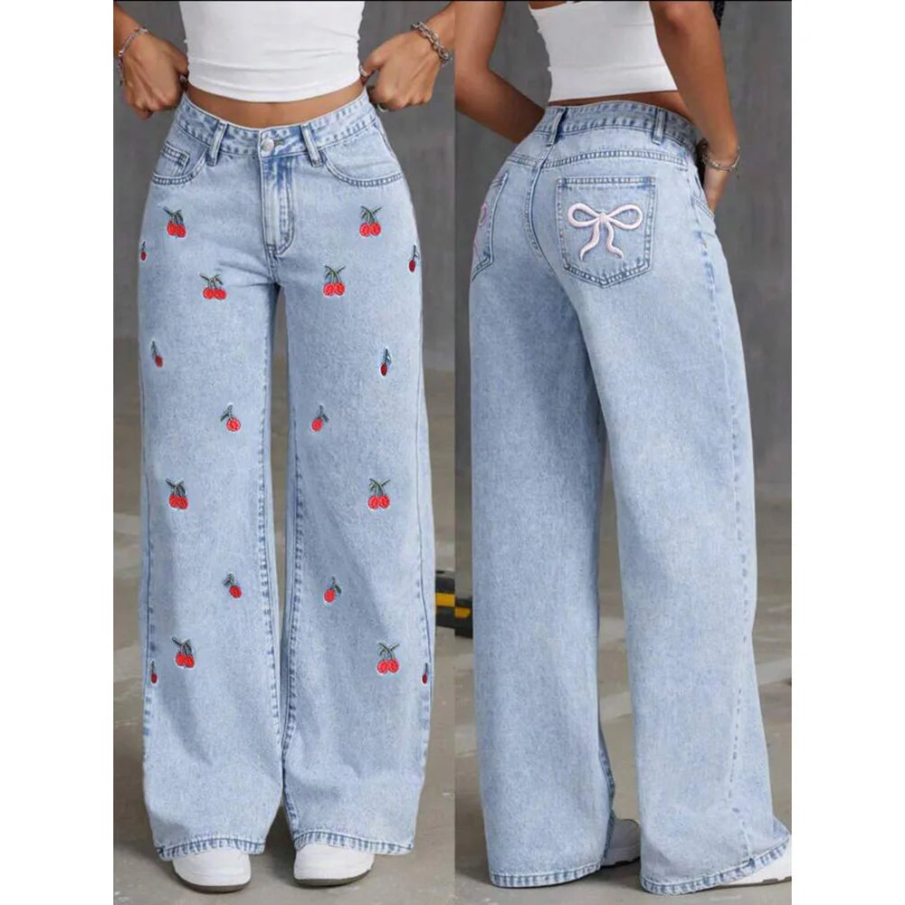 Embroidery High Waist Distressed Washed Denim