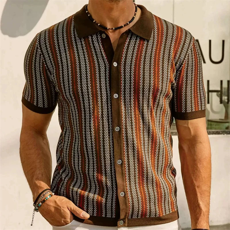 Jacquard Polo Shirts Man Knitwear Business Casual Summer  Viscose Elastic Silky Camisas
