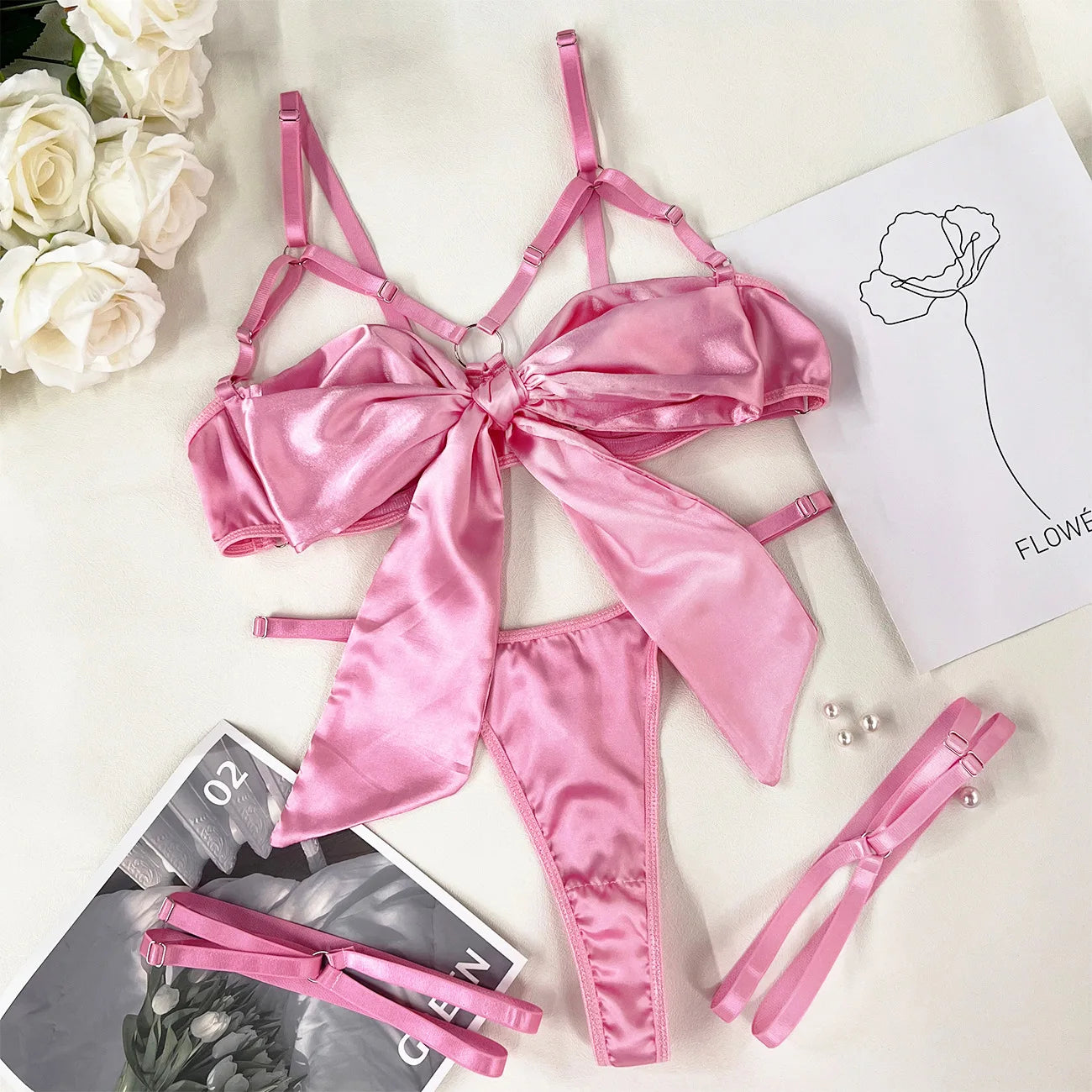 Women's 3 Piece Lingerie Set Sexy Hollow Out Satin