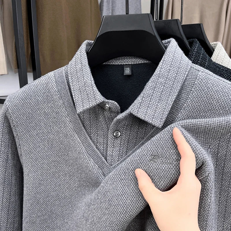 Men's Plush Wool-Lined Knitted Sweater Patchwork Striped Lapels