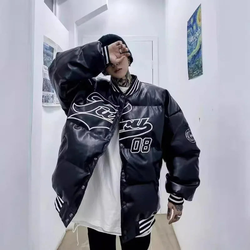 Winter PU Leather Baseball Jacket Men and Women  Patchwork Letter Embroidery