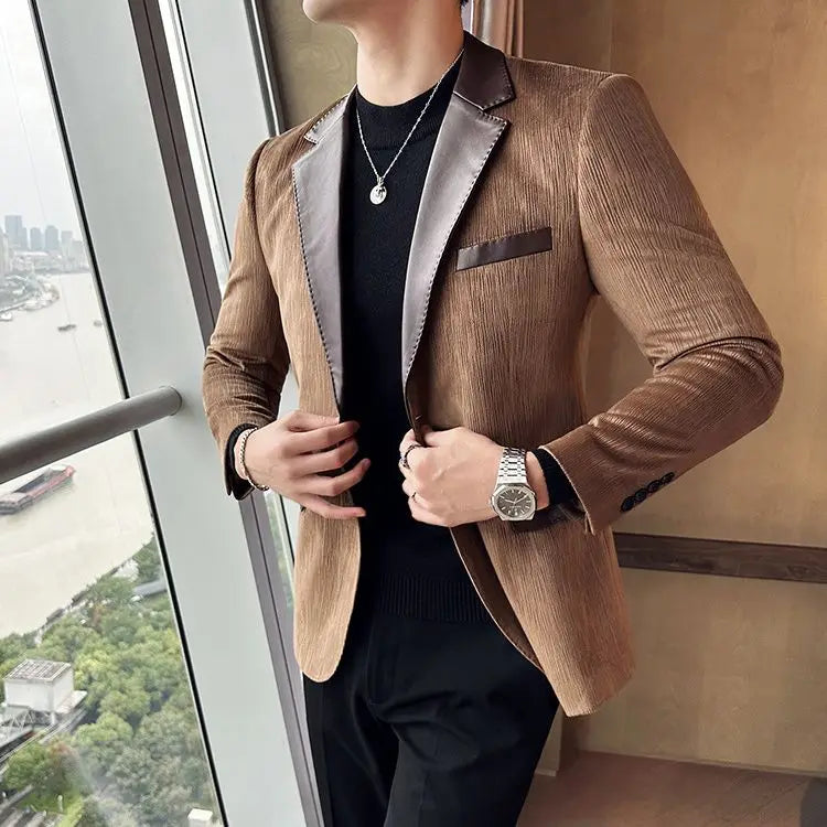 Male Coats  Leather Splicing Blazers Trendy Joker Vintage Casual