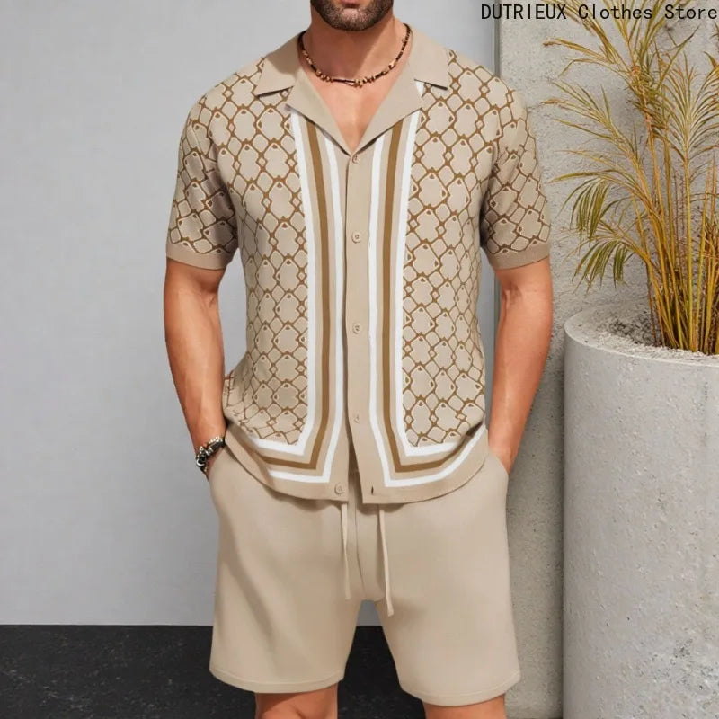 High-quality Jacquard Knitted Suits for Men Collar Knitted Shorts Sets