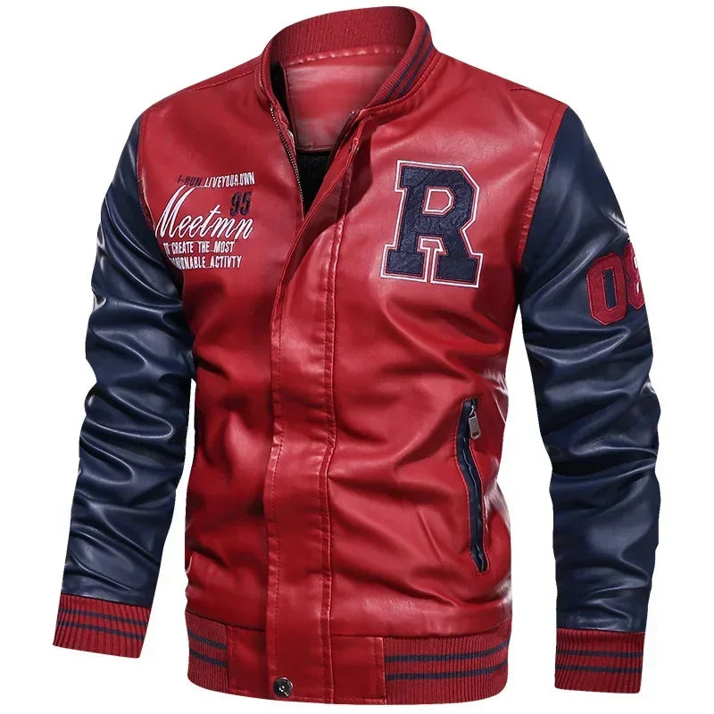 Embroidered Leather Pu Coats Slim Fit College Fleece Luxury Pilot Jackets