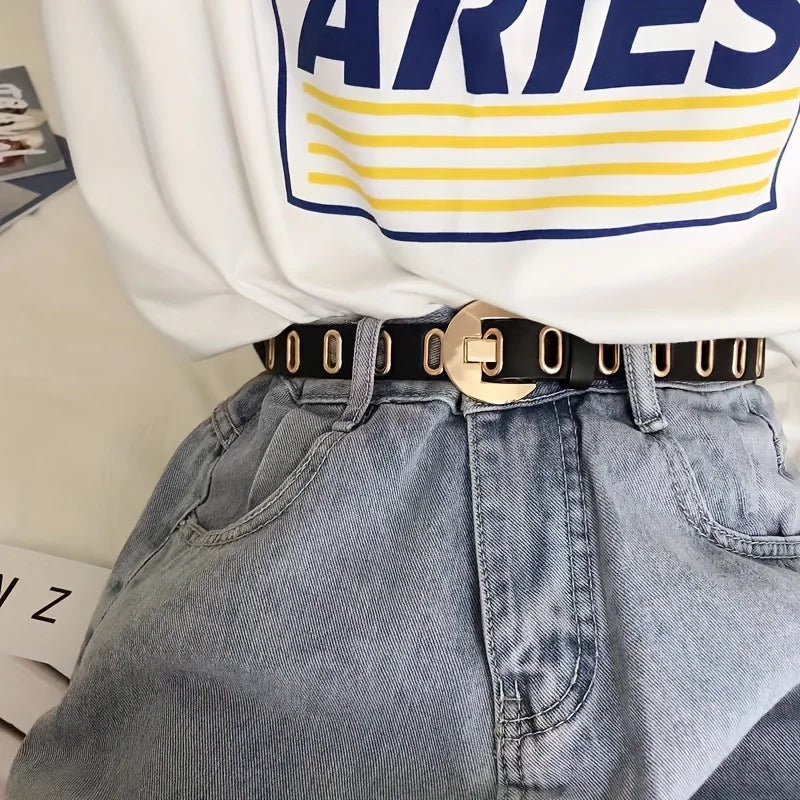 Women's Fashion Belt with Gold Crescent Buckle