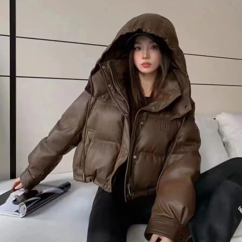 2025 Women's Pu Skin Down Cotton Jacket Versatile Hooded Lady Coat
