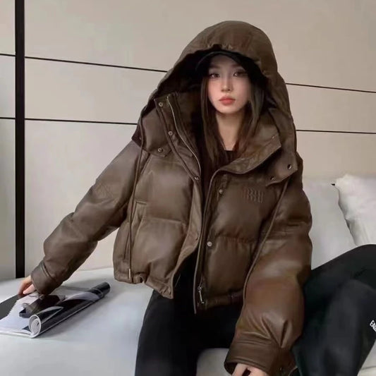 2025 Women's Pu Skin Down Cotton Jacket Versatile Hooded Lady Coat