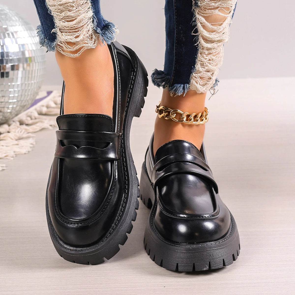 Casual Platform Loafers Leather Shoes for Women
