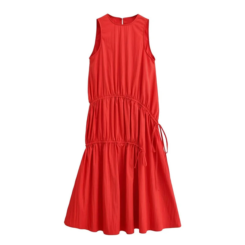 Red Round-neck Sleeveless Dress for Women
