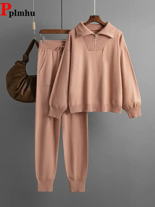 Women Casual Knitwear Pullovers Tops Conjuntos High Waist Jogger Pants Tracksuit