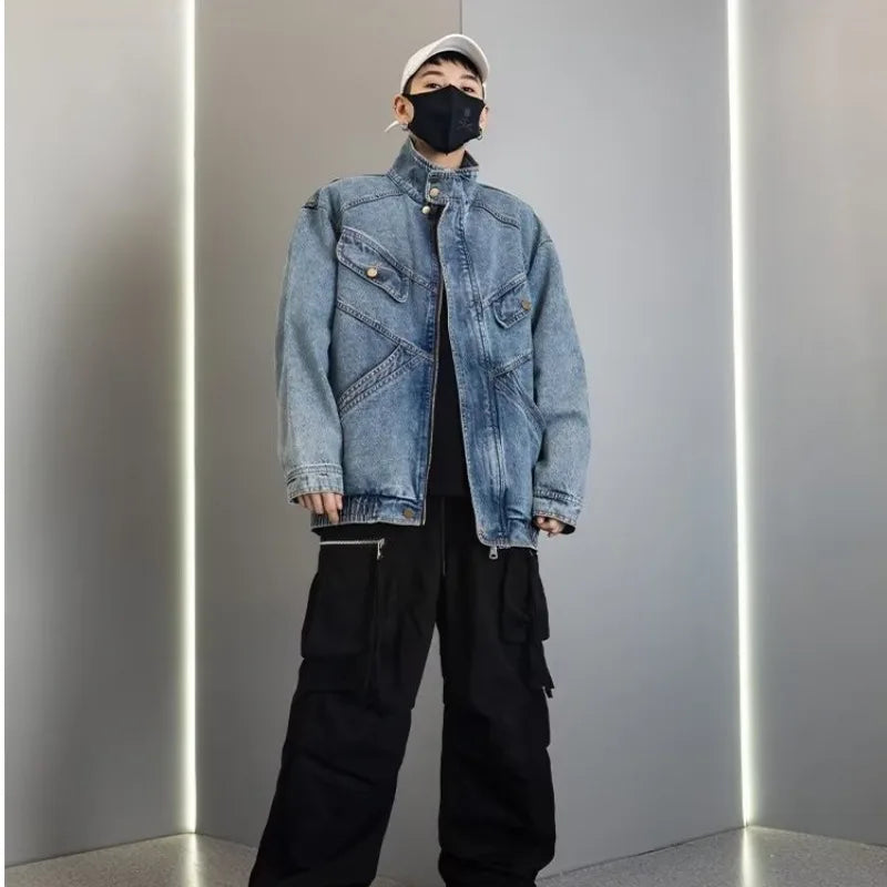 Denim Jacket Men's  Loose Design Sense of Standing Collar