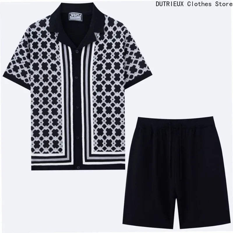 High-quality Jacquard Knitted Suits for Men Collar Knitted Shorts Sets
