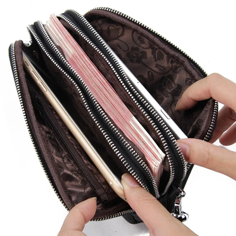 Women Long Wallet Genuine Leather 3-Layer Zipper Purse Bag