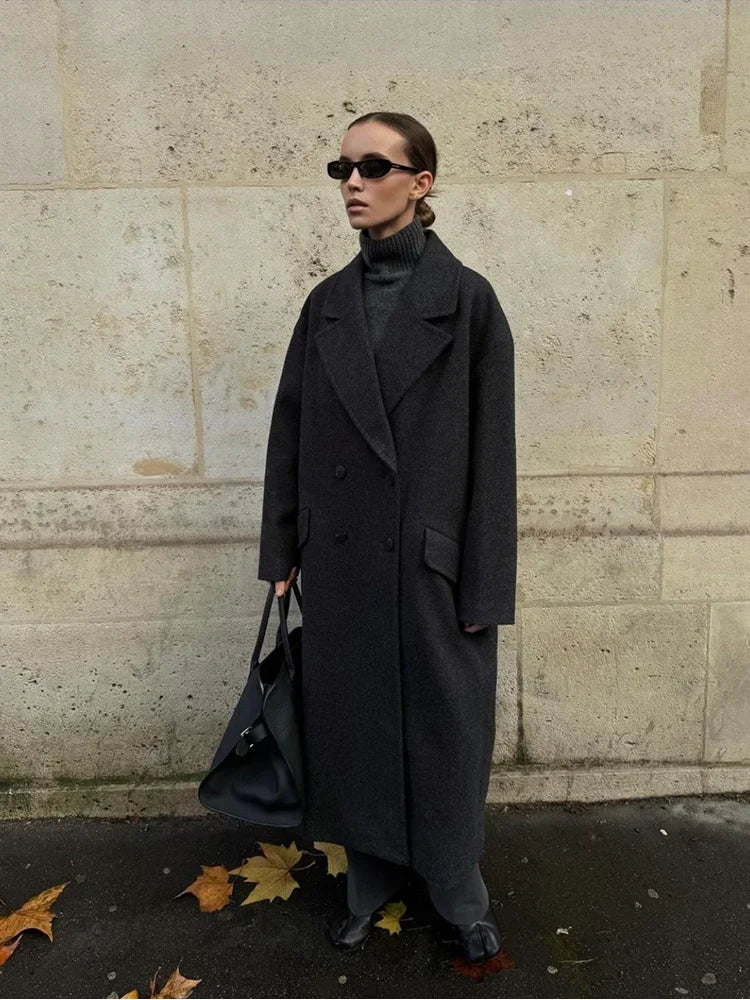 Fashion Women Winter Coats Casual Loose Lapel Double Breasted Long Jacket