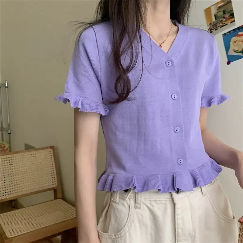 Women's Knitwear  Top V-neck Short-Sleeved