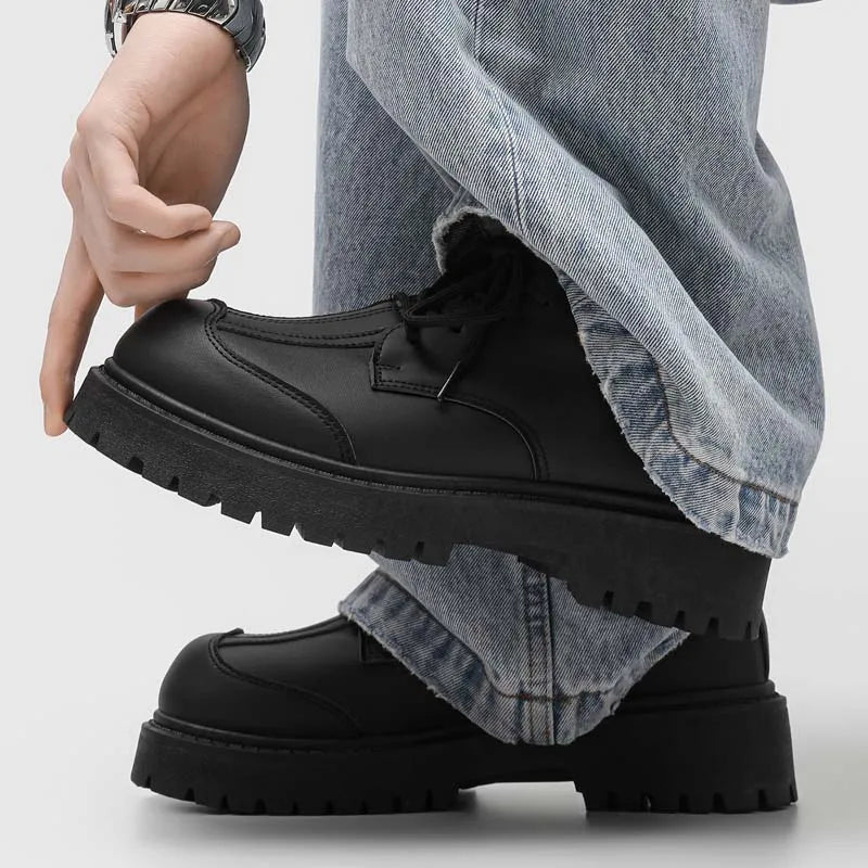 Men's Leather Loafers:Chunky Platform Derby Shoe Wide-Toe Casual Loafers