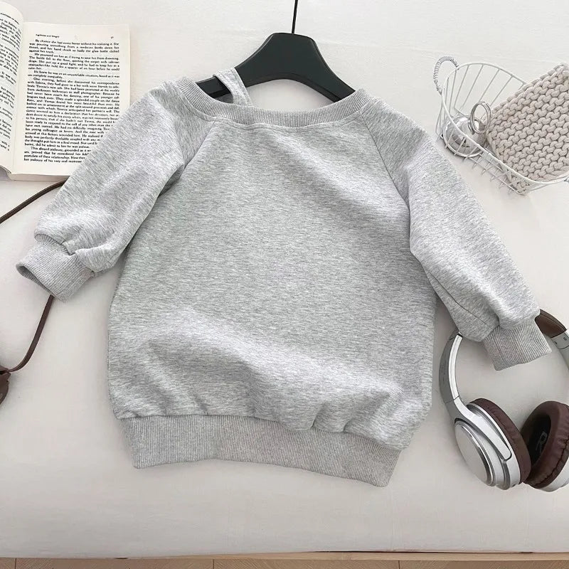 Girls Sweatshirt   Casual Off Shoulder Gray Solid Color Long Sleeve Top