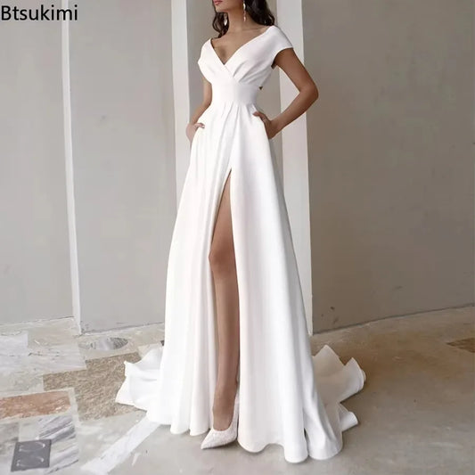Sexy V-neck Ruffle Solid Mid Waist Temperament Maxi Dress