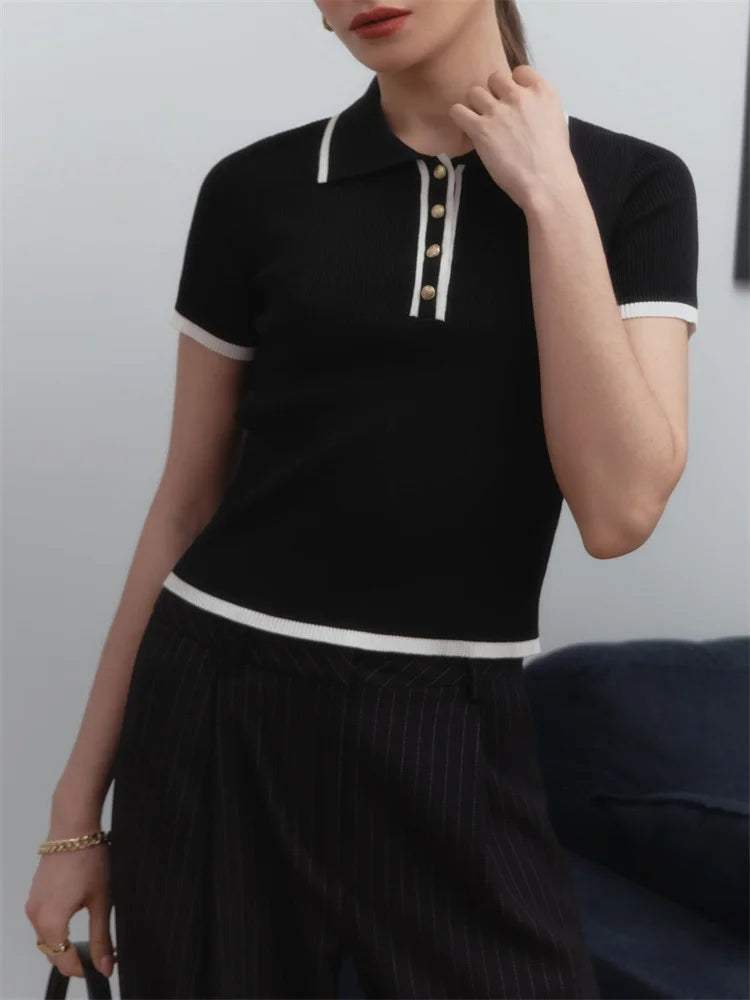 Knit Sweater Pullover Women Short Sleeve Patchwork
