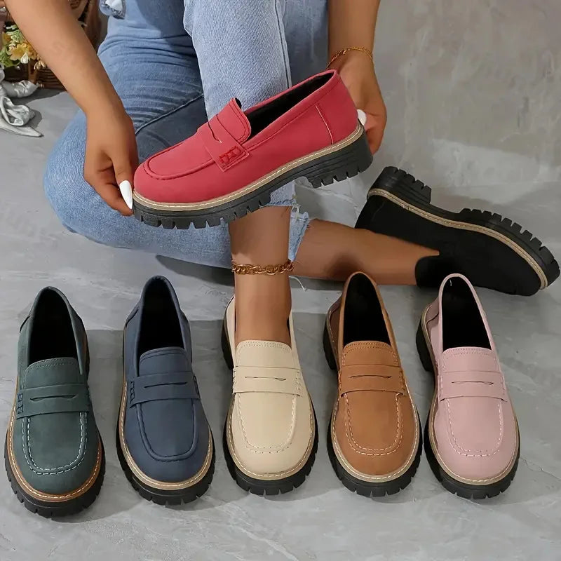 Woman Loafers Ladies Large Size Frosted British Thick Heel Round Toe Rubber Outsole Korean Style Casual Shoes