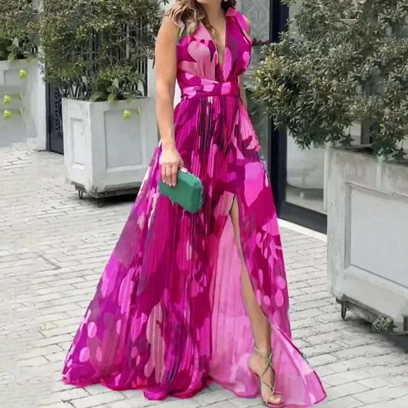 Women's Dress Sexy Deep V Neck Sleeveless Backless High Waist Split Long Dress