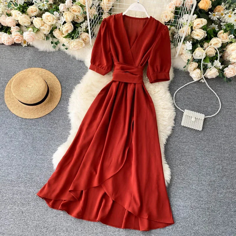 New Temperament V-neck Solid Color Bubble Short-sleeved Dress