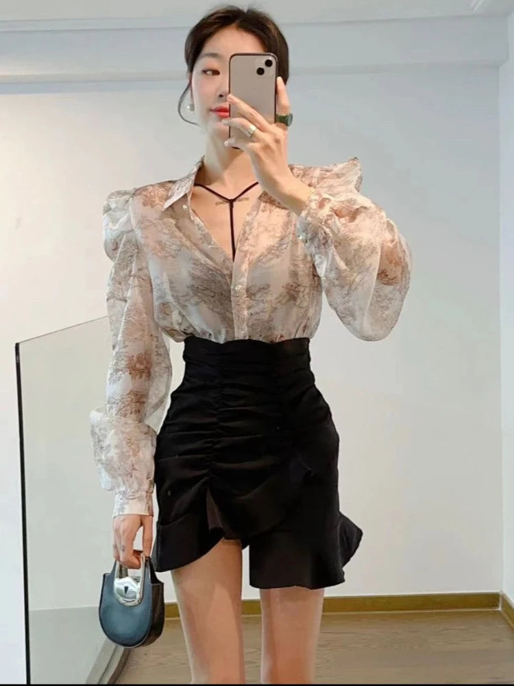 Floral Sweet Blouses for Women Loose Puff Sleeve Turn Down Collar Shirts